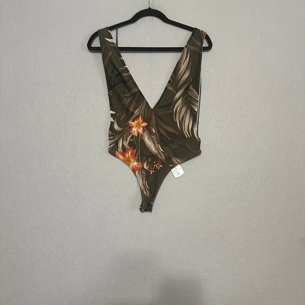 Windsor‎ Olive Tropical Floral Deep V-Neck Sleeveless Bodysuit OD3173WD-T Medium